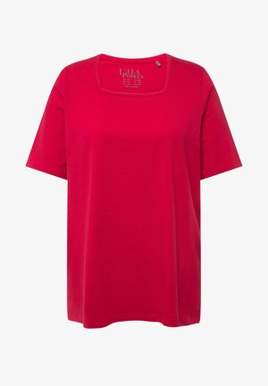 Rode t-shirt met korte mouwen en een vierkante halslijn, gemaakt van zachte katoenstof, met een relaxte pasvorm en minimale branding bij de hals.