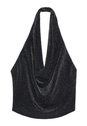 Black halter top featuring a draped neckline, made from a textured, shimmery fabric with metallic threads. Adjustable neck strap included.