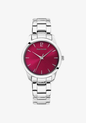 Orologio in acciaio inossidabile con cassa rotonda, quadrante bordeaux, indicatori delle ore argentati e bracciale in metallo flessibile. Presenta il logo alle 12.