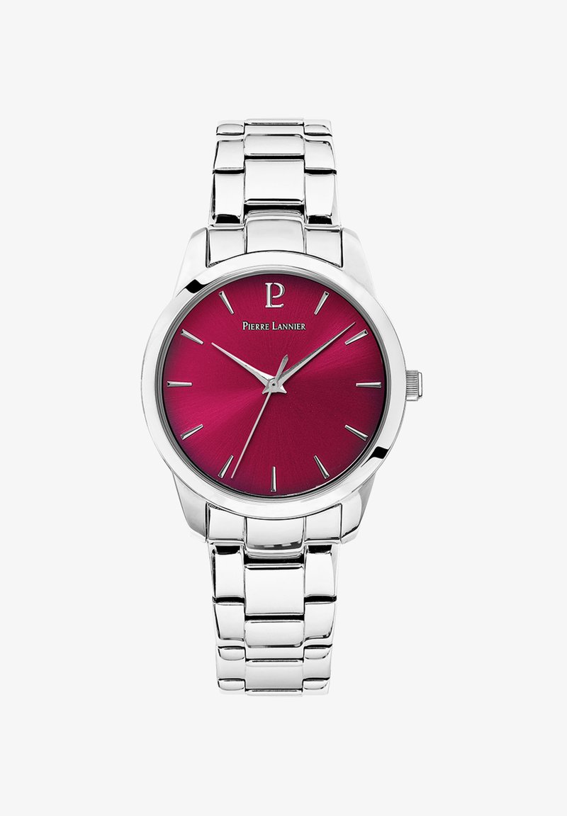 Nerjaveče jeklo ura s okroglo ohišjem, burgundskim številčnicom, srebrnimi označevalci ur in prilagodljivim kovinskim naramkom. Vključuje logo ob 12. uri.