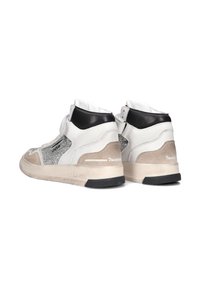 High-top sneakers featuring a mix of white leather, gray suede, and silver mesh, with a black collar and a contrasting black rubber sole.