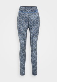 Leggings tillverkade av elastisk tyg med ett blått och svart geometriskt mönster med diamanter och blommiga inslag. Hög midja för stöd.