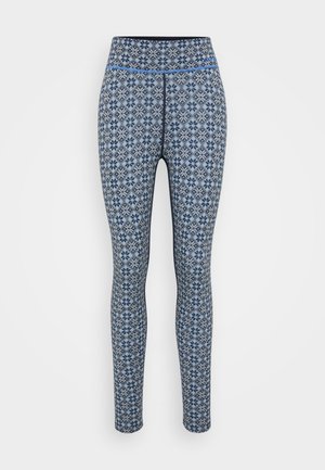 Leggings made of stretchy fabric featuring a blue and black geometric pattern with diamonds and floral accents. High waistband for support.
