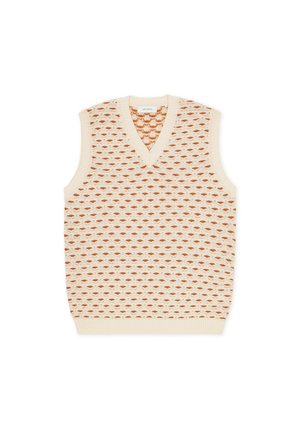 Κρεμ αμάνικο πουλόβερ με V-λαιμόκοψη, με υφή από πλεγμένα διαμάντια σε πορτοκαλί και μπεζ χρώμα.