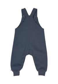 Navy blue, cotton overalls with shoulder straps, button accents, and an elasticized cuff at the ankles. Features a rounded bottom for comfort.