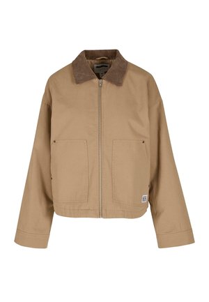 Giacca beige in cotone, con colletto in velluto a coste marrone, chiusura frontale con zip e due ampi tasche anteriori per la funzionalità.