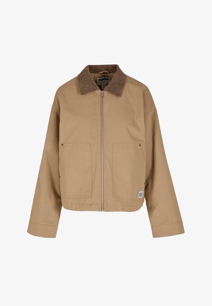 Tan jacket made of cotton, featuring a brown corduroy collar, front zip closure, and two large front pockets for utility.