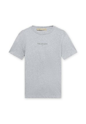 T-shirt grigio chiaro a maniche corte con la scritta "TRUSSARDI" stampata in lettere maiuscole piccole al centro del petto.