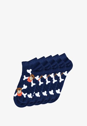 Chaussettes navy avec un motif de chien et d'os. Chaque chaussette présente un chien portant un bandana rouge et des os blancs sur un fond bleu.