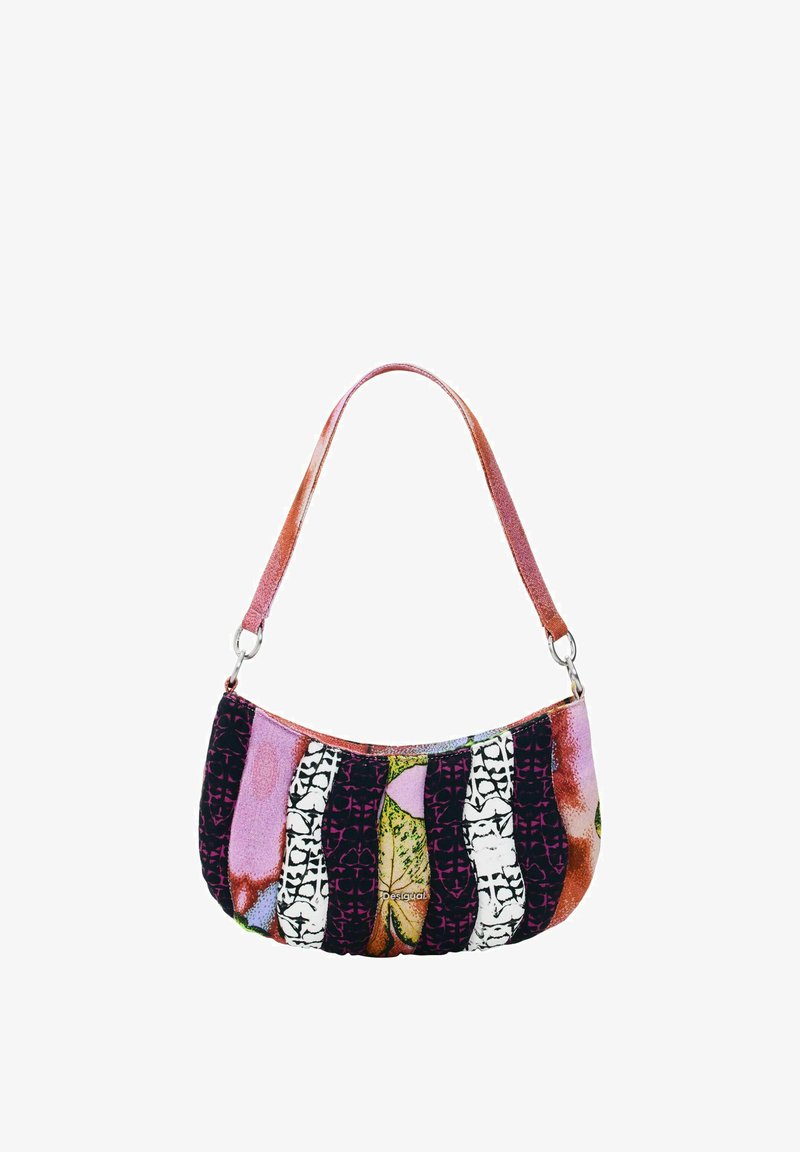 Borsa a tracolla colorata con una parte superiore curva, motivo astratto multicolore e una singola tracolla con chiusure metalliche.