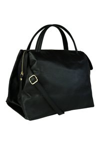 Zwarte leren handtas met een gestructureerde afwerking, dubbele handgrepen, een afneembare schouderriem en gouden hardware accenten. Ritssluiting aan de bovenkant.