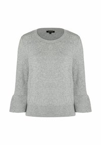 Hellgrauer Pullover aus weichem Strickmaterial, mit rundem Halsauschnitt und 3/4-Ärmeln mit schwingenden Säumen. Gerippter Saum und Ärmeldetails.