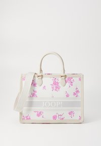 Borsa a tracolla bianca con fiori rosa, stampa del logo, due manici superiori, spallaccio removibile e dettagli beige chiaro.