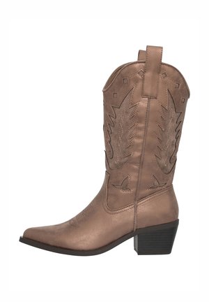 Braune Cowboy-Stiefel aus Kunstleder mit bestickten Blättern und Vogelmotiven, spitzer Zehenpartie und einem 5 cm hohen Blockabsatz. Mit Zuglasche für ein einfaches An- und Ausziehen.