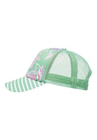 Gorra verde con estampado floral en el panel frontal, lados de malla y pico a rayas. Cuenta con un cierre tipo snapback y una textura suave.