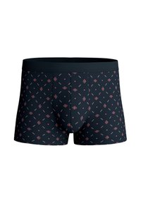 Navy blue boxer shorts featuring a repeating geometric pattern in red and cream. Soft fabric with a comfortable waistband.