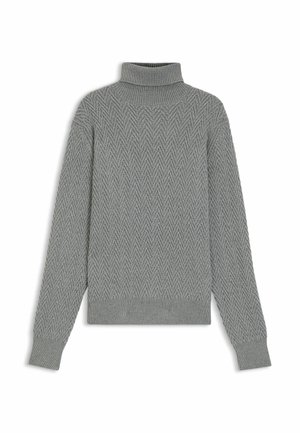 Turtleneck sweater in light gray with a herringbone texture. Features ribbed cuffs and hem, offering a fitted silhouette with long sleeves.