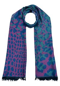 Écharpe tissée multicolore présentant un motif abstrait bleu, vert et violet avec des bords frangés et une texture douce.