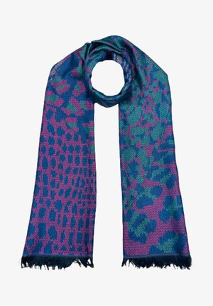 Écharpe tissée multicolore présentant un motif abstrait bleu, vert et violet avec des bords frangés et une texture douce.