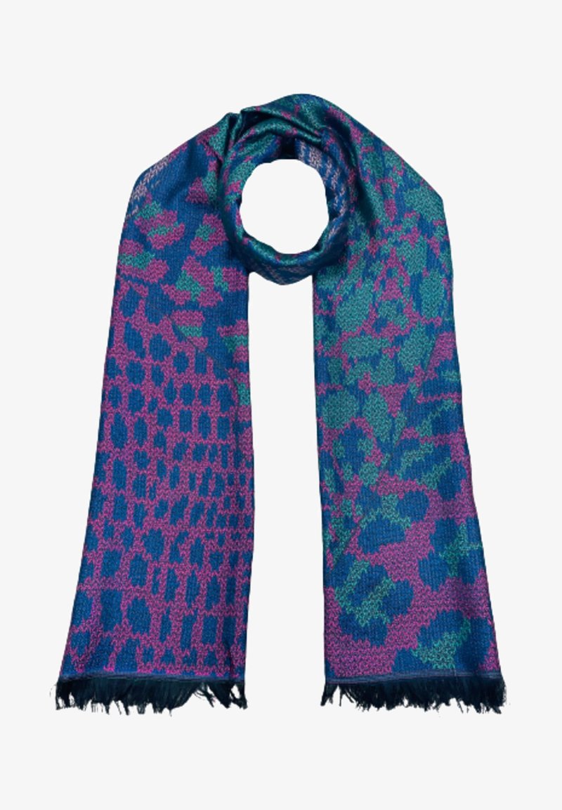 Écharpe tissée multicolore présentant un motif abstrait bleu, vert et violet avec des bords frangés et une texture douce.