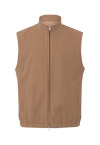 Brun fleece vest med høj krave, frontlynlås og to sidelommer. Glat tekstur, ærmeløs design og afslappet stil.