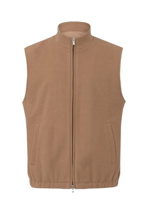 Braune Fleece-Weste mit hohem Kragen, Frontreißverschluss und zwei Seitentaschen. Glatte Textur, ärmelloses Design und lässiger Stil.