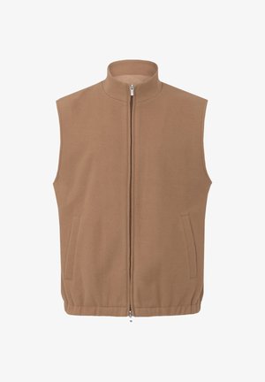 Bruine fleece vest met hoge kraag, voorrits en twee zijzakken. Glad textuur, mouwloos ontwerp en casual stijl.