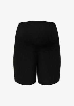 Shorts maternità neri a costine con vita alta. Presentano una texture liscia e un design aderente per comfort e supporto.
