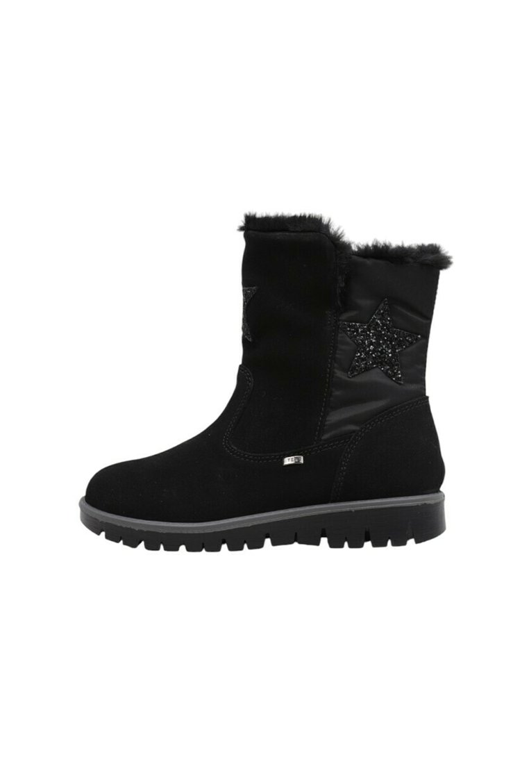 Botas negras de ante hasta el tobillo con ribete de pelo sintético, que presentan un panel brillante y acentos de estrellas negras brillantes, y una suela de goma texturizada.