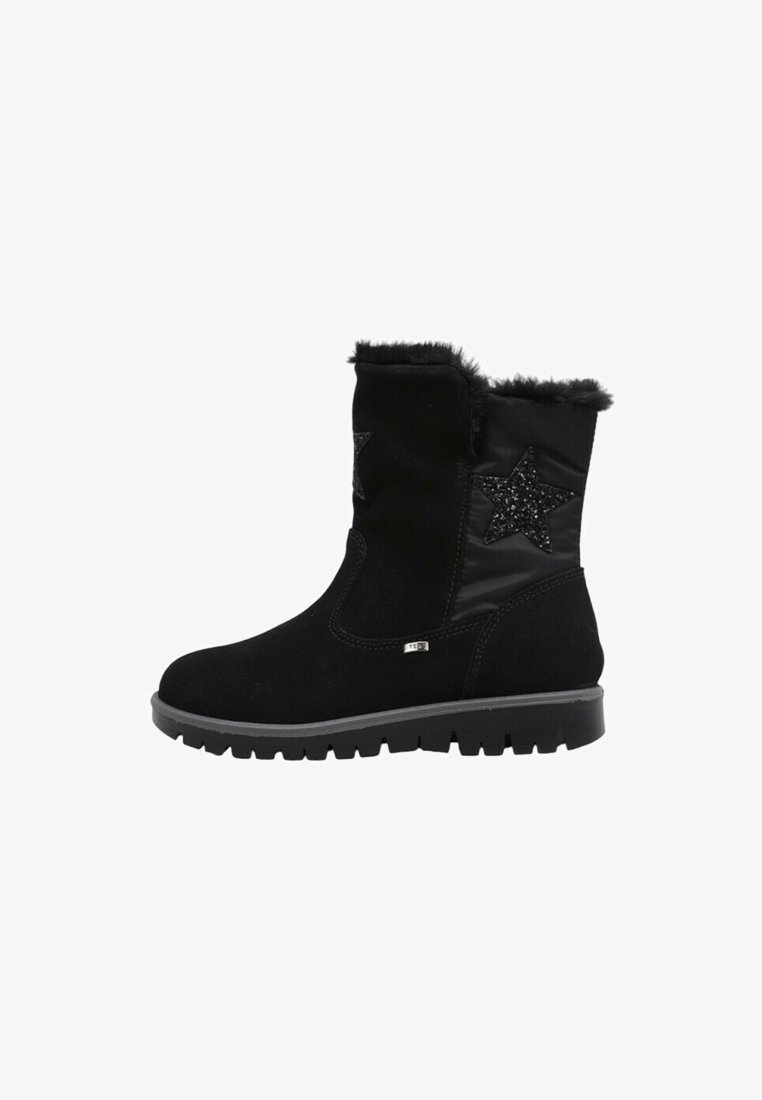 Botas negras de ante hasta el tobillo con ribete de pelo sintético, que presentan un panel brillante y acentos de estrellas negras brillantes, y una suela de goma texturizada.