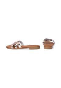 Platte sandalen met een roségouden metallic bandontwerp, voering van bruin schuim, open teen en een instapstijl zonder hak.
