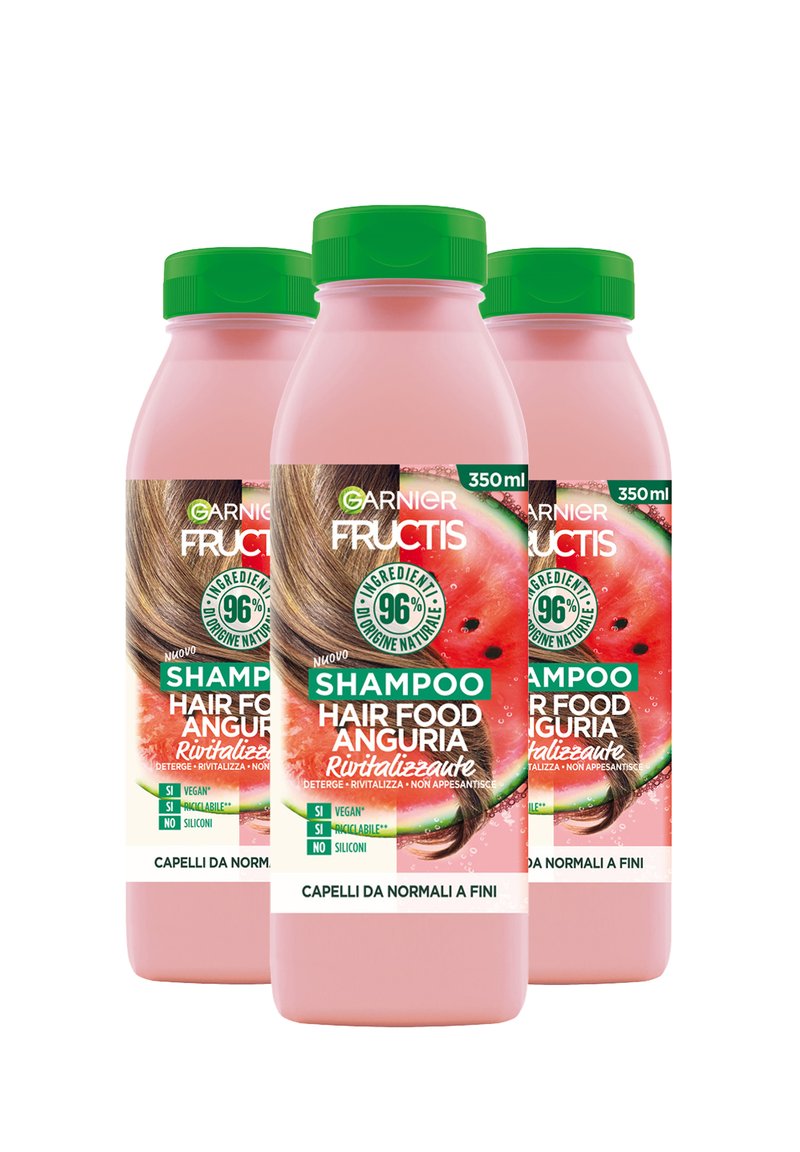Garnier - FRUCTIS HAIR FOOD ANGURIA RIVITALIZZANTE, SHAMPOO PER CAPELLI FINI, 96% DI INGREDIENTI DI ORIGINE NATURALE, SENZA SILICONI - 3 PACK - Shampoo - trasparente, Ingrandire