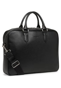 Black leather briefcase with two top handles, zip closure, and detachable shoulder strap. Features a textured surface and minimal accent details.
