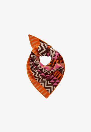 Mehrfarbener Schal mit geometrischen Mustern in Orange, Braun, Pink und Creme. Weiche Textur mit einem dreieckigen Design und geknotetem Detail.