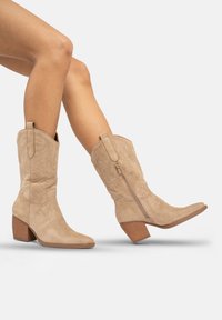 Botas vaqueras de ante beige con puntera afilada, costuras decorativas y cremallera lateral, que presentan un tacón apilado para mayor altura.