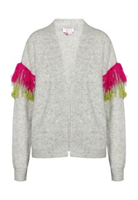 Cardigan grigio chiaro con scollatura a V profonda, caratterizzato da frange rosa brillante e verdi sulle maniche. Tessuto morbido e testurizzato.