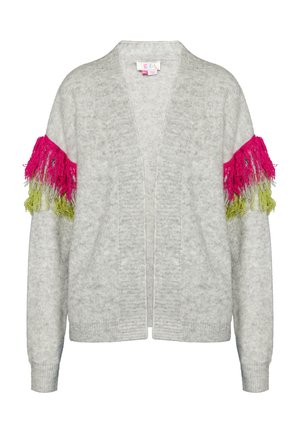 Cardigan grigio chiaro con scollatura a V profonda, caratterizzato da frange rosa brillante e verdi sulle maniche. Tessuto morbido e testurizzato.