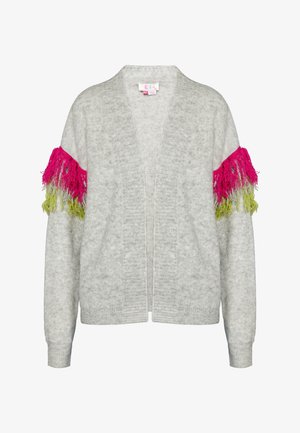Helehall kardigan sügava V-kaelusega, mille varrukatel on erksad roosa ja rohelise frantsi aksendid. Pehme, tekstureeritud kangas.