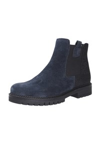 Navyblauwe suède Chelsea-boot met elastische zijpanelen en een textuur achter. Beschikt over een duurzame zwarte rubberen zool met kleine noppen voor grip.
