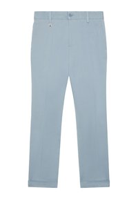 Pantaloni di cotone azzurri chiari con frontale piatto, gambe affusolate, due tasche laterali, chiusura con bottone e orli risvoltati.