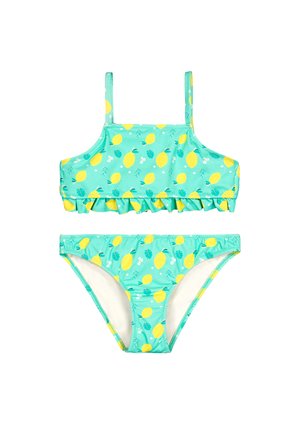 Bañador de dos piezas turquesa con estampado de limones amarillos y hojas verdes, con volante en el borde superior y tirantes delgados.