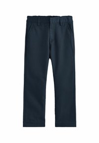 Pantalon bleu marine en tissu lisse, avec des jambes droites, des poches avant et une taille avec passants de ceinture. Aucune motif ou accent visible.