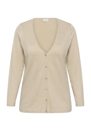 Cardigan à manches longues beige avec col en V et cinq boutons sur le devant, en tissu tricoté doux.