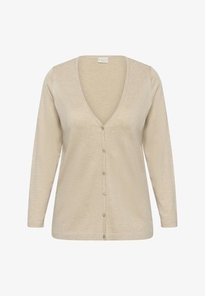 Cardigan bej cu mâneci lungi, cu decolteu în V și cinci nasturi în față, realizat dintr-un material tricotat moale.