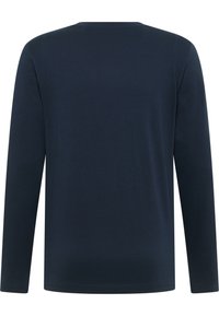 Garām piedurknēm t-krekls tumši zilā kokvilnā ar klasisku apaļu kakla izgriezumu, gludu tekstūru un bez redzamām logotipiem vai dizainiem aizmugurē.