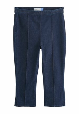 Dark blue capri pants with front seams and a high waist, made from denim-like fabric.