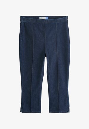 Dark blue capri pants with front seams and a high waist, made from denim-like fabric.