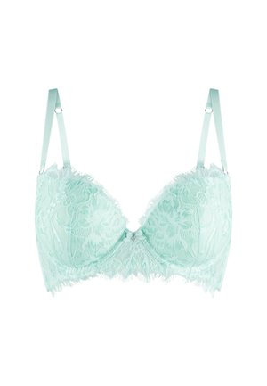 Mint green lace bra with underwire and decorative detailing. Adjustable satin straps and floral pattern on fabric with scalloped lace trim.