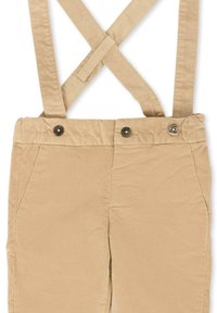 Des bretelles khaki avec des sangles croisées, comportant deux poches avant et deux fermetures à bouton. Fabriquées en tissu avec une texture lisse.