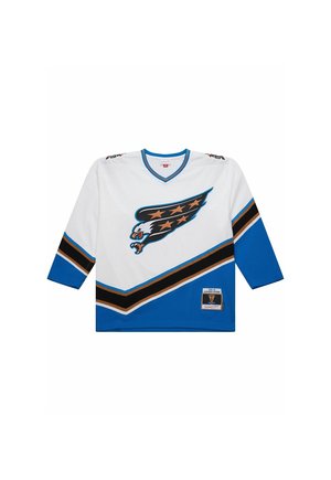 Weißes und blaues Eishockey-Trikot mit einem eindrucksvollen Adler-Logo, das Sterne auf der Brust hat, sowie diagonalen schwarzen und beige Streifen an den Ärmeln und am Saum.